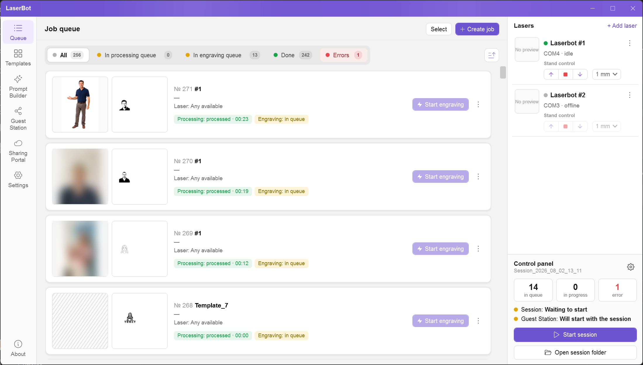 Laserbot main window with the job queue
