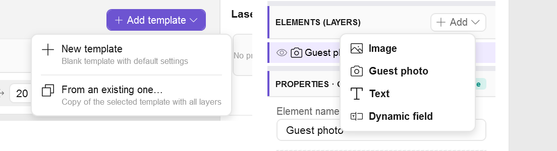 Add template and add layer menus