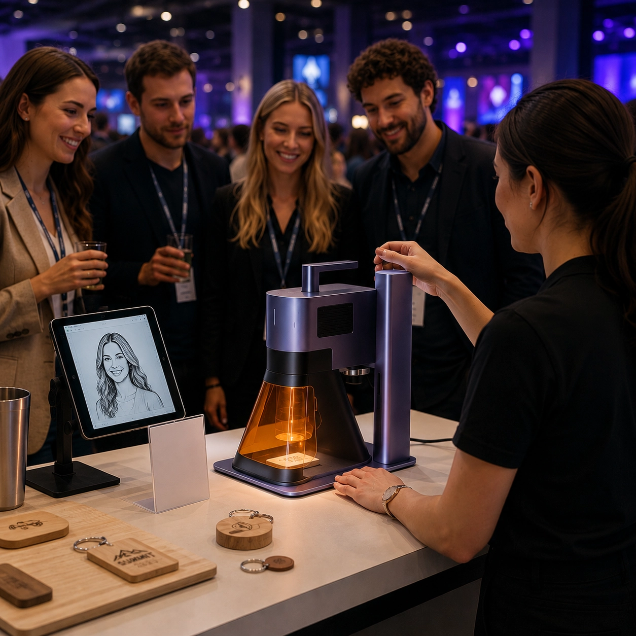 Laser engraving at an event: a guest picks a design on the tablet, the operator engraves it onto a keepsake